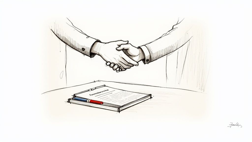 Two professionals shaking hands, sealing a partnership deal.