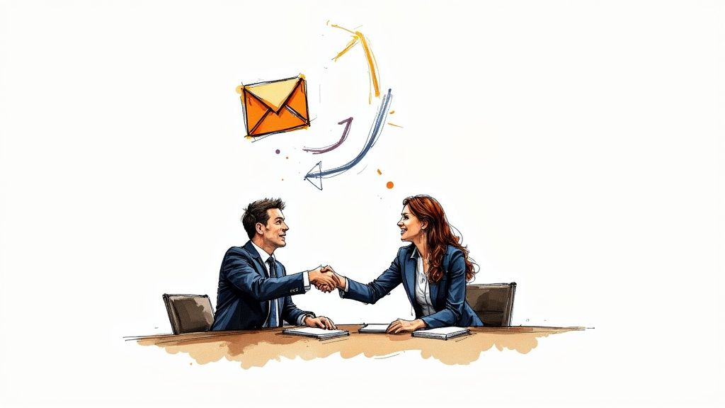 Two people in a professional negotiation meeting, shaking hands over a table with laptops and documents.