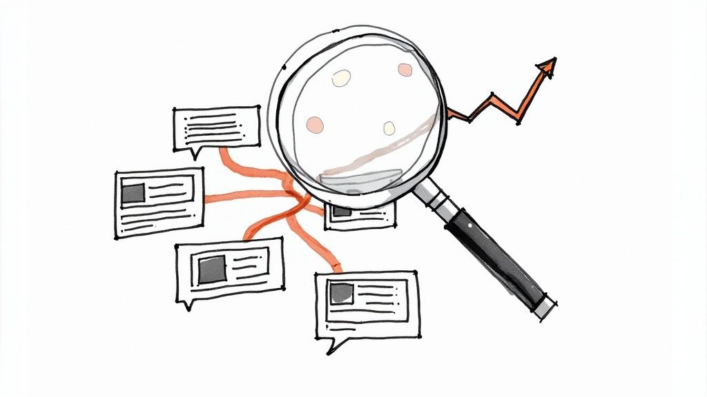 A person brainstorming content ideas at a desk with a laptop and sticky notes.