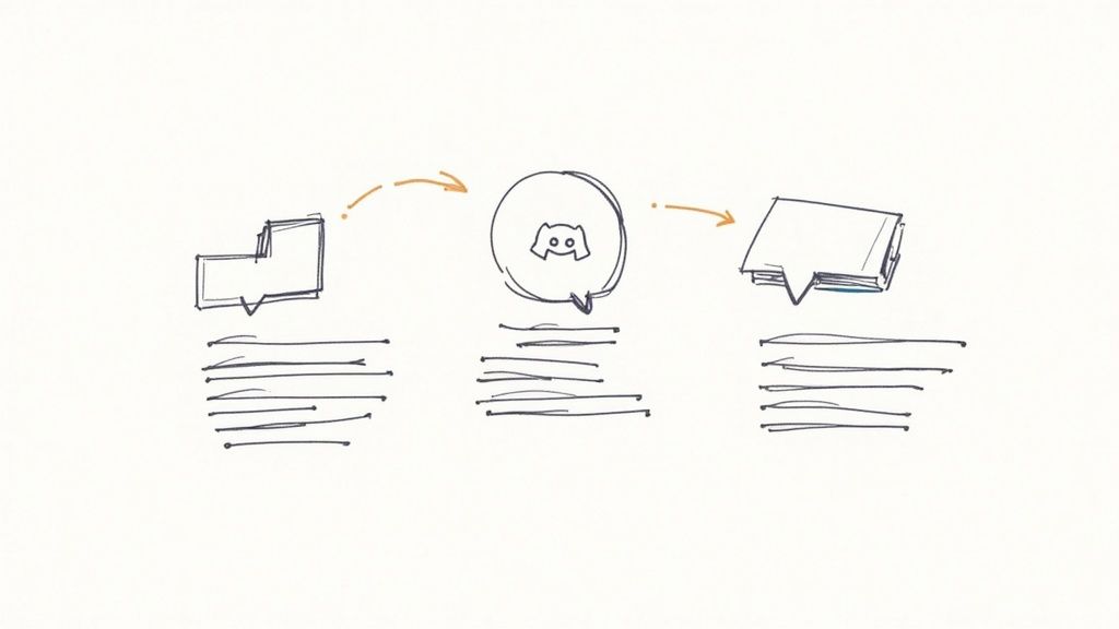 A person using a laptop and phone, with various social media and community platform icons floating around them.