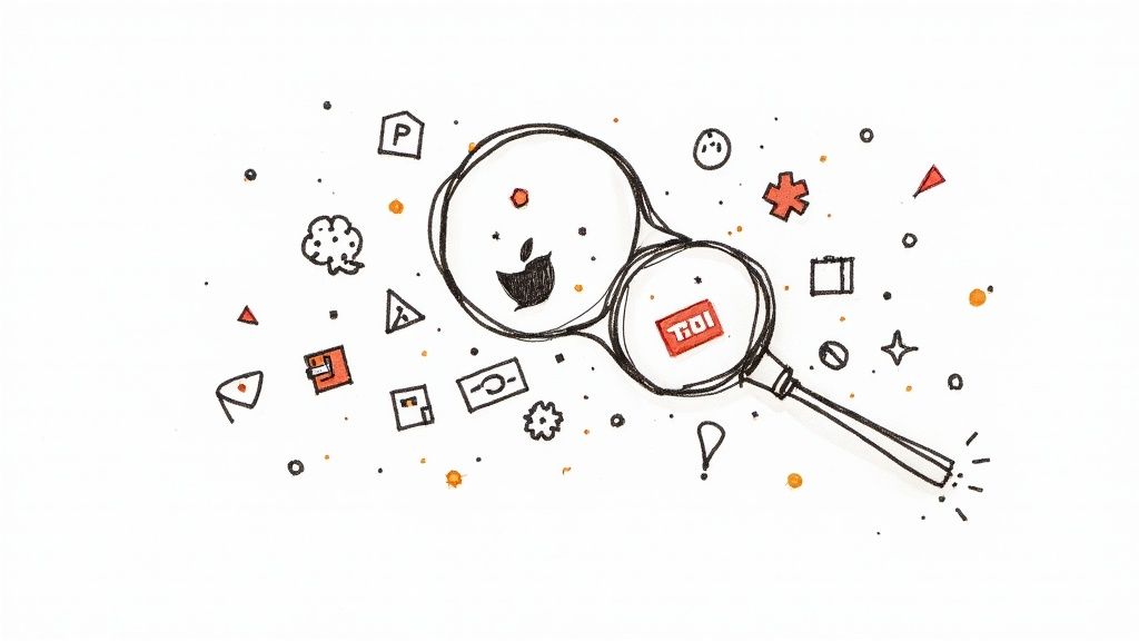 Magnifying glass over a list of company logos, symbolizing the search for sponsors