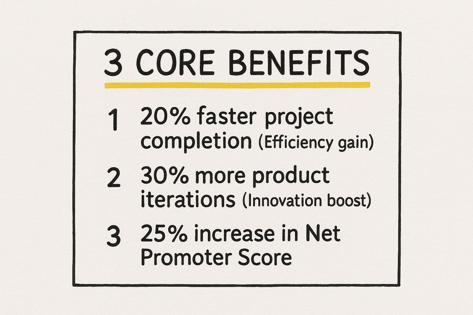 Infographic about cross-departmental collaboration showing a 20% faster project completion, 30% more product iterations, and a 25% increase in Net Promoter Score.