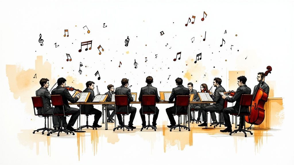 A team of professionals from different departments collaborating on a project in a modern office