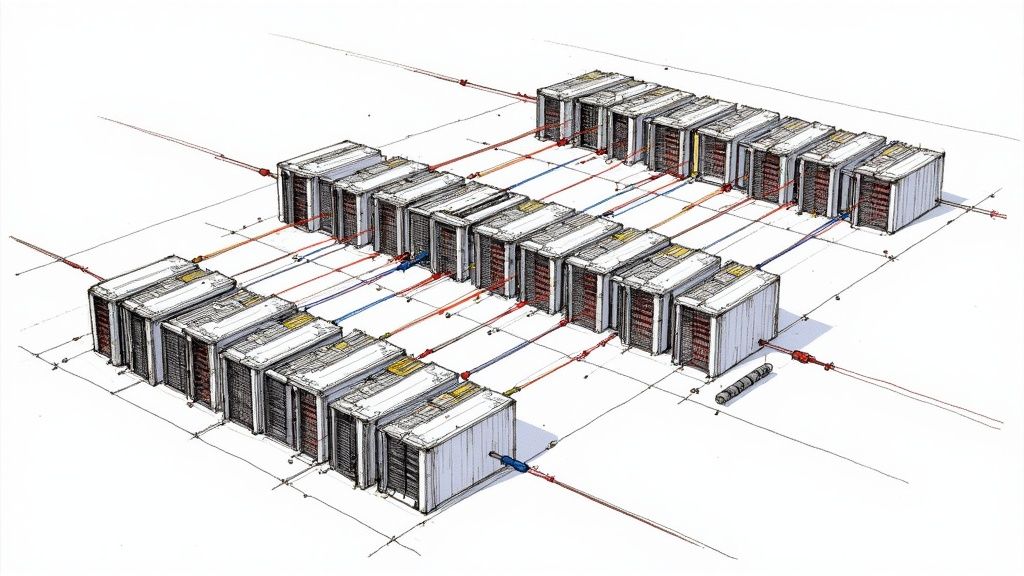 Aerial view of a massive, modern data center campus