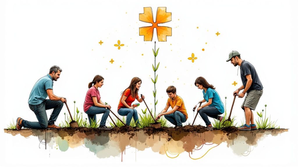 A diverse group of people planting trees in a park, symbolizing community-driven health and wellness initiatives.