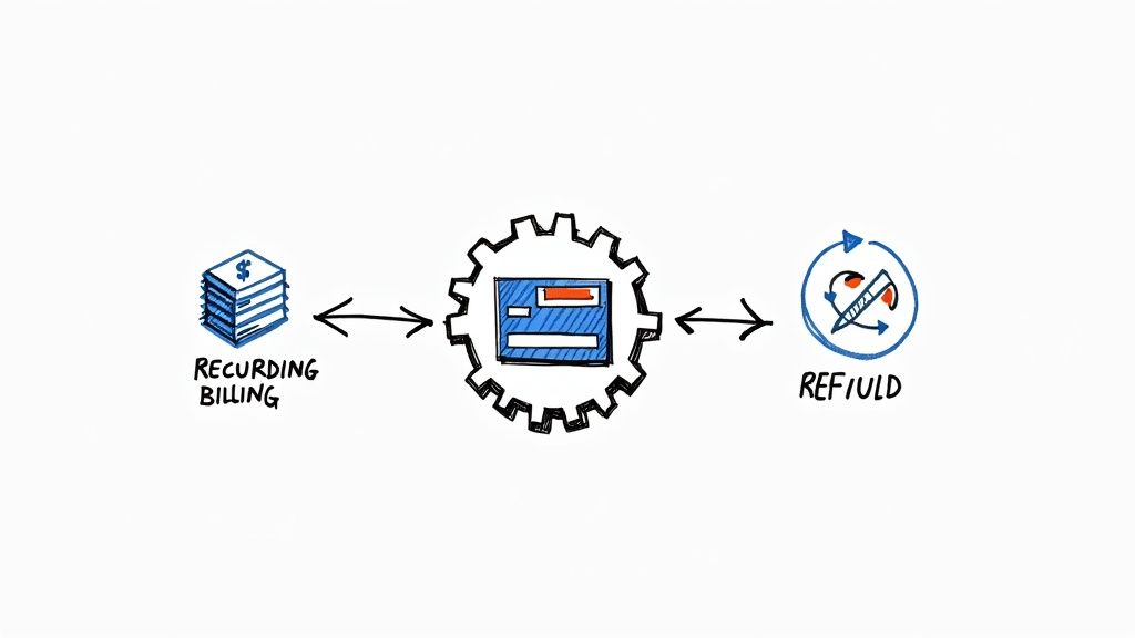 Payment processing icons like Stripe and PayPal on a digital screen, symbolizing monetization setup
