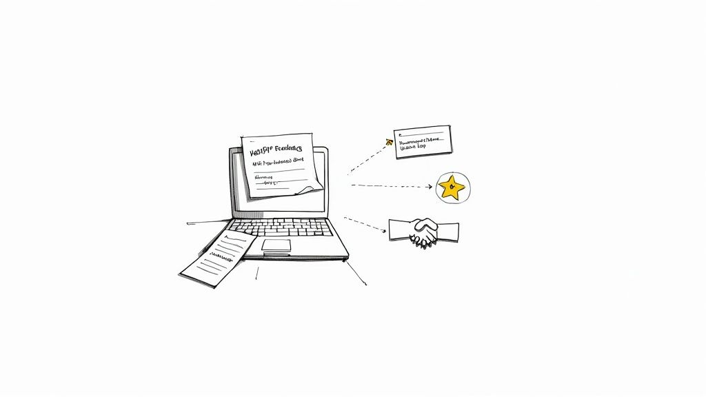 A person's hands typing a personalized email on a laptop, with a sponsorship proposal visible on a tablet nearby.