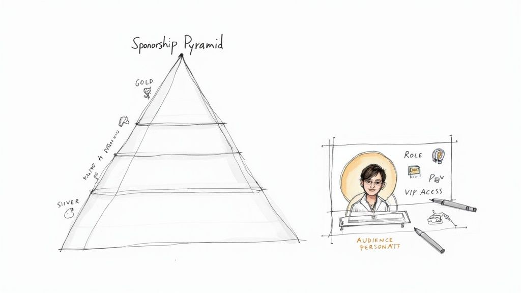 Magnifying glass over a list of company logos, representing sponsor research.