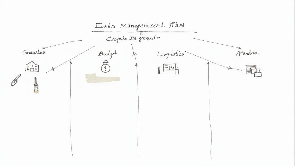 A team collaborating on an event plan around a table with laptops and documents.