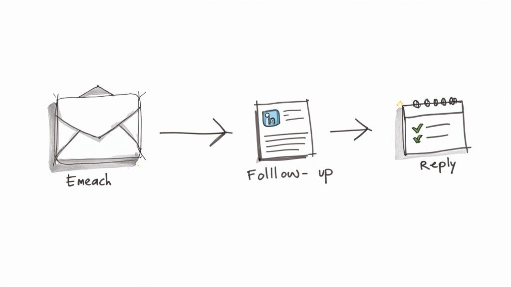 An image of a person writing a personalized email on a laptop, with a follow-up checklist visible nearby, illustrating the process of strategic outreach.