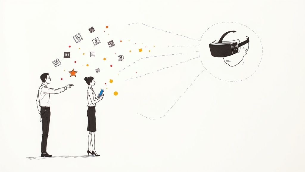 People interacting with a large, glowing digital installation at an event