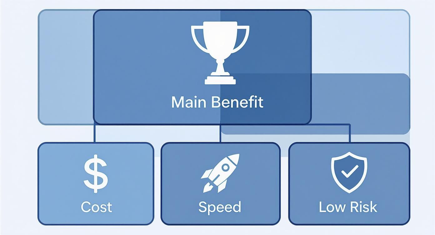 An infographic showing the strategic benefits of a white label app, including cost savings, speed to market, and lower risk.