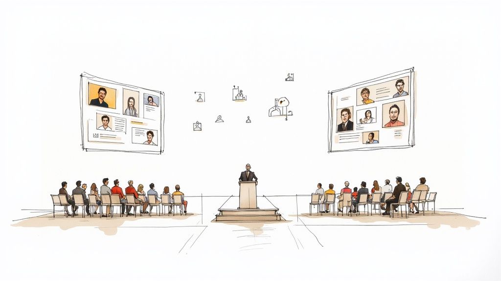 A group of professionals engaged in a hybrid event, with some in-person and others on a large screen