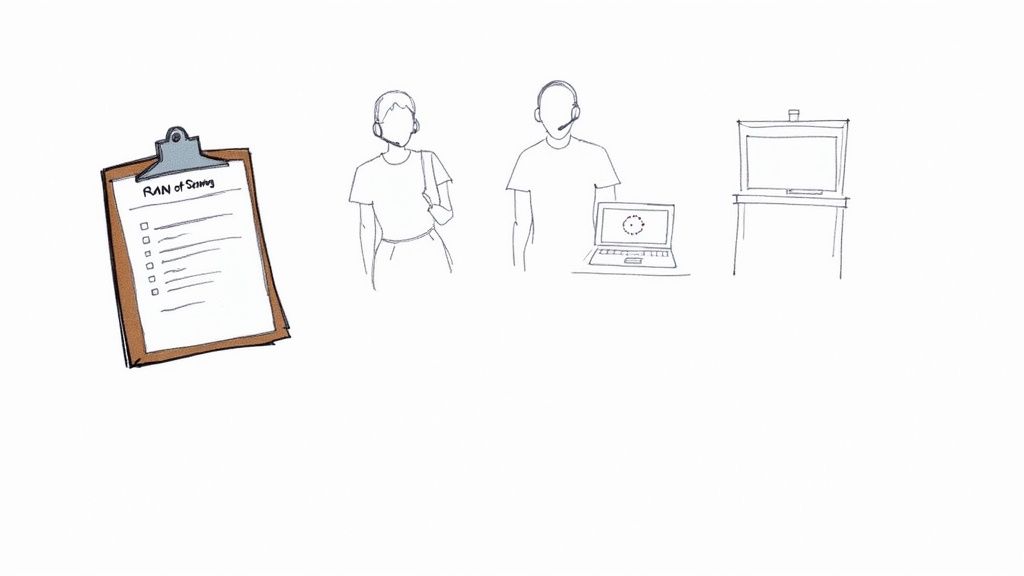 Event manager coordinating with staff on event day using a tablet