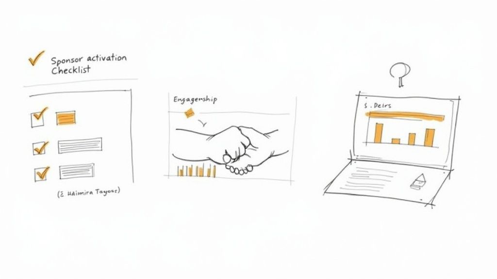 A person at a networking event smiling and shaking hands with a potential sponsor.