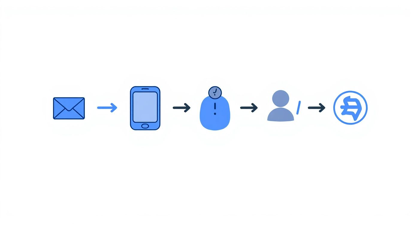 Infographic showing the process of a user scanning a QR code in an email to take an action