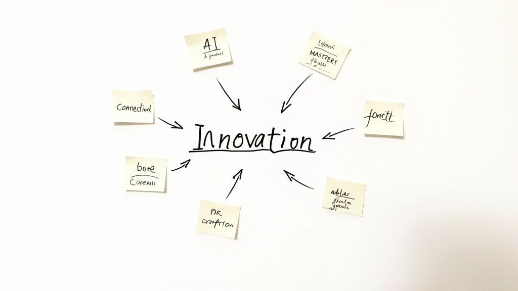 A team collaborating around a white table, using colorful sticky notes to brainstorm event names.