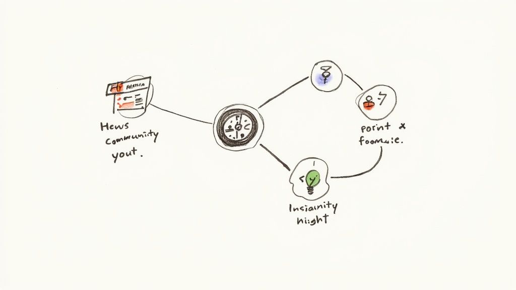A group of professionals in a modern office looking at a large screen displaying news and data visualizations, collaborating on content.