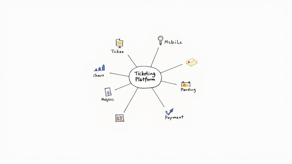 An event planner managing a ticketing platform on a laptop with charts and graphs visible.