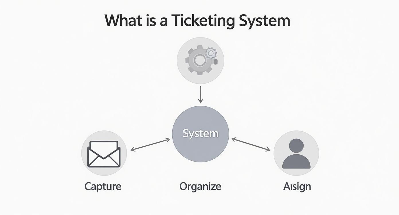 Diagram showing ticketing system workflow with three components: capture, organize, and assign connected to central system