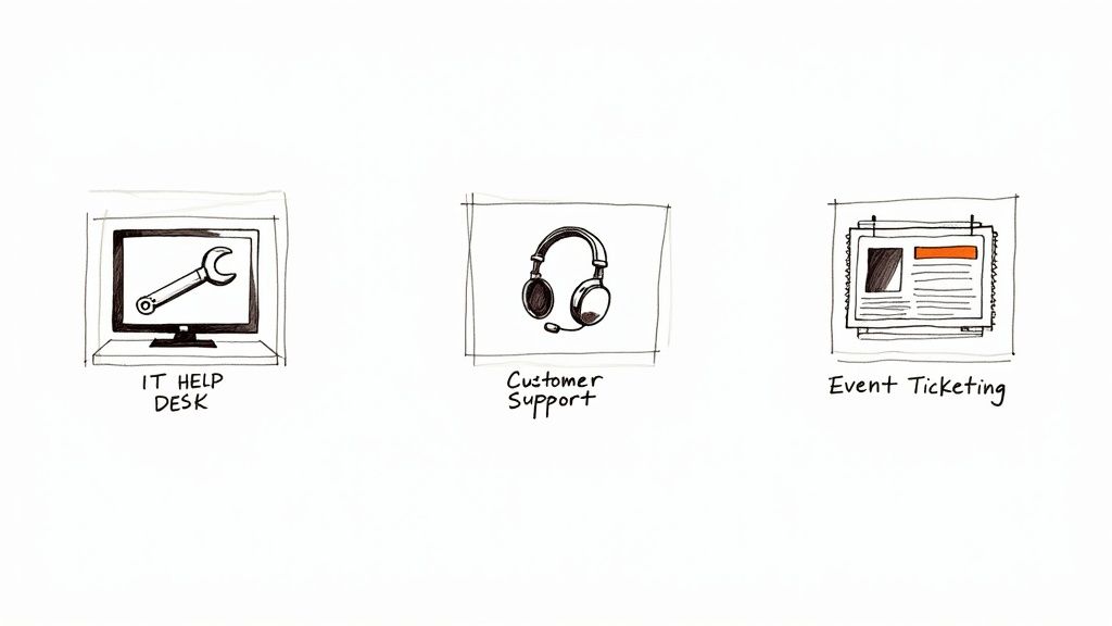 Three illustrated panels showing IT help desk, customer support headset, and event ticketing system concepts