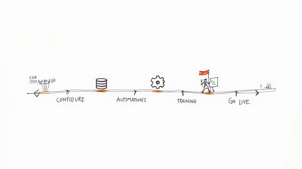 Timeline diagram showing ticketing system implementation stages from configuration to automation, training, and going live