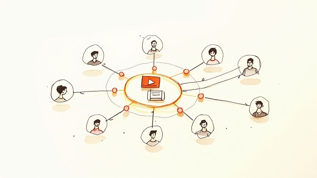 Network diagram showing video content at center connected to multiple diverse user profile icons