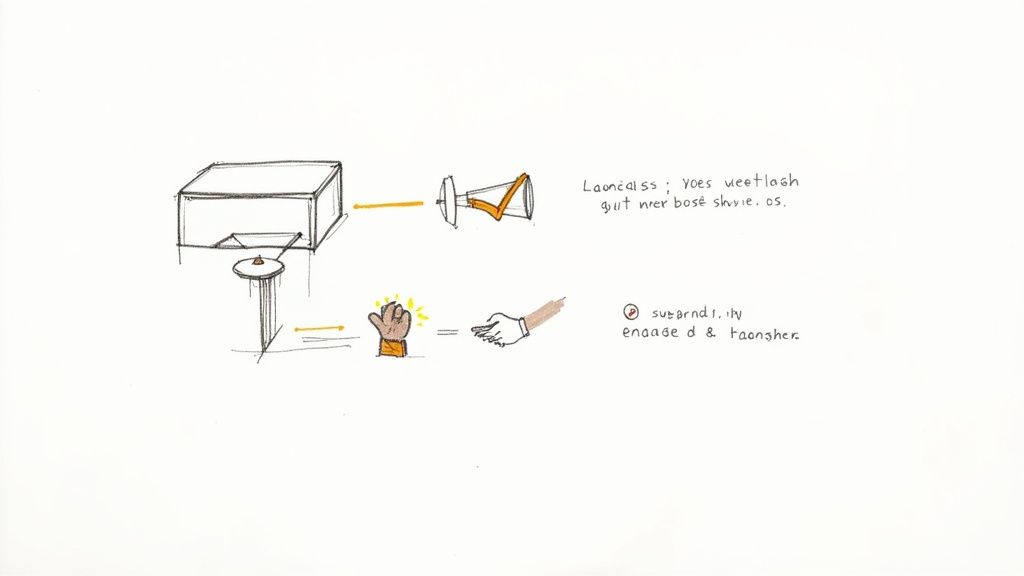 Hand-drawn sketch showing hamster engagement setup with megaphone and hand interaction diagram