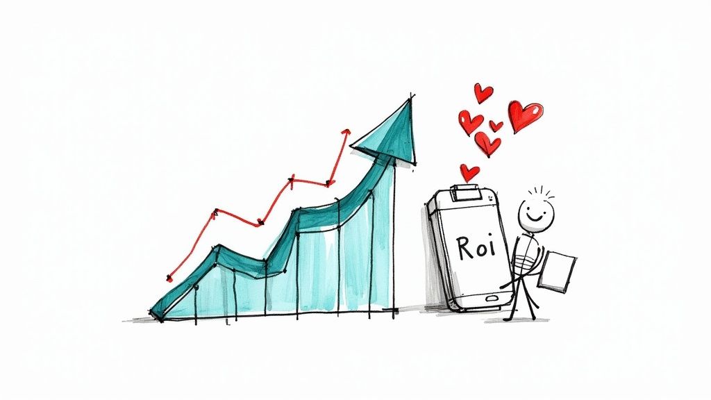 Stick figure character celebrating positive ROI growth shown through upward trending bar chart with hearts