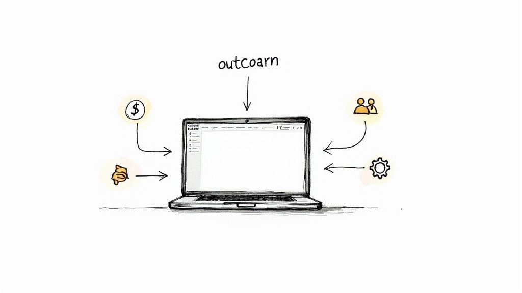 Laptop displaying membership software with arrows pointing to money, engagement, people, and settings icons
