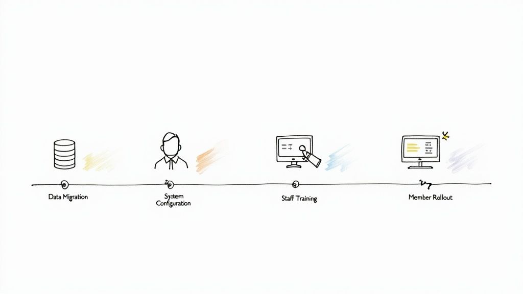 Timeline showing four phases of membership software implementation from data migration to member rollout