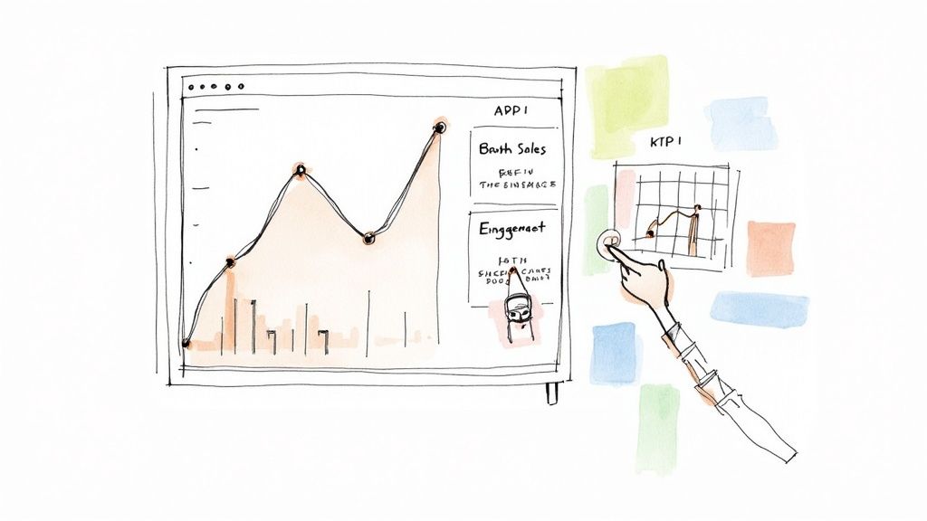 Hand pointing at analytics dashboard showing booth sales data and engagement metrics with line graphs