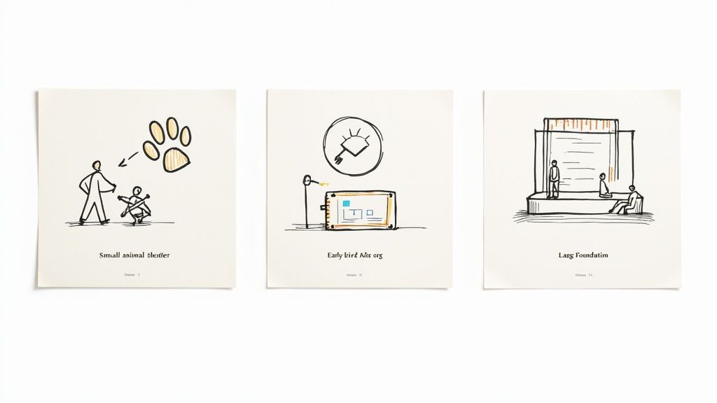 Three minimalist sketches depicting a small animal theater, a website design, and a stage performance.