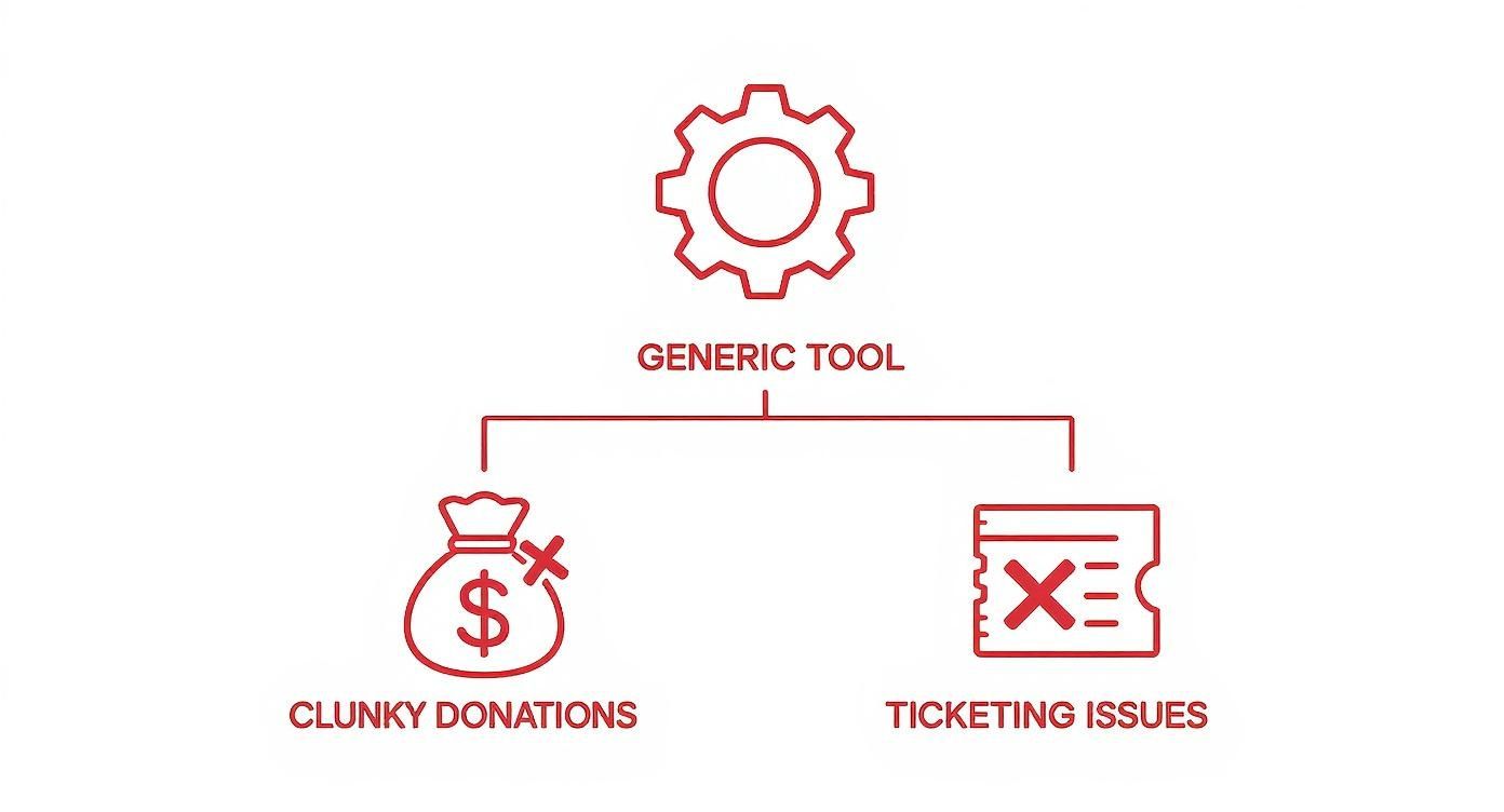 Diagram illustrating how a generic tool leads to clunky donations and ticketing issues.