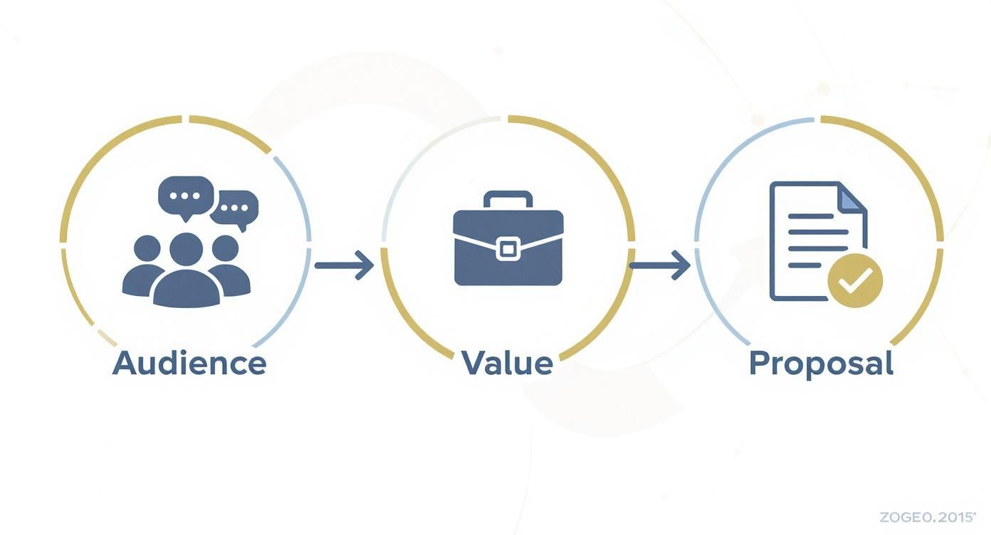 A business process infographic showing steps from identifying audience needs to delivering value and making a proposal.