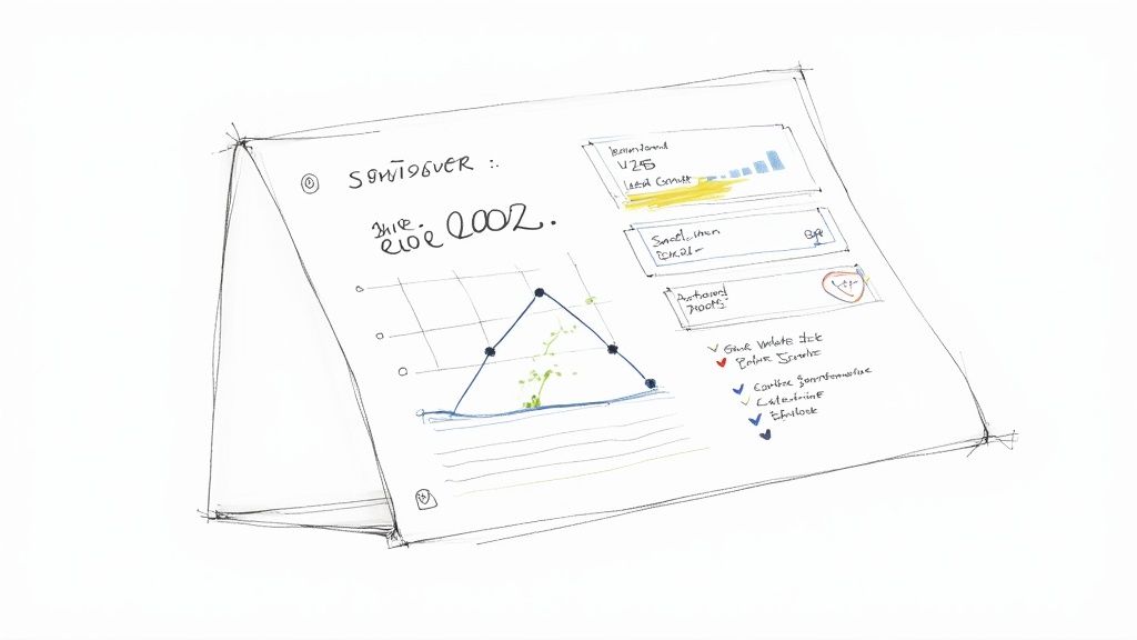 Hand-drawn sketch of a business report with a line graph, bar charts, and checkboxes on a desk stand.