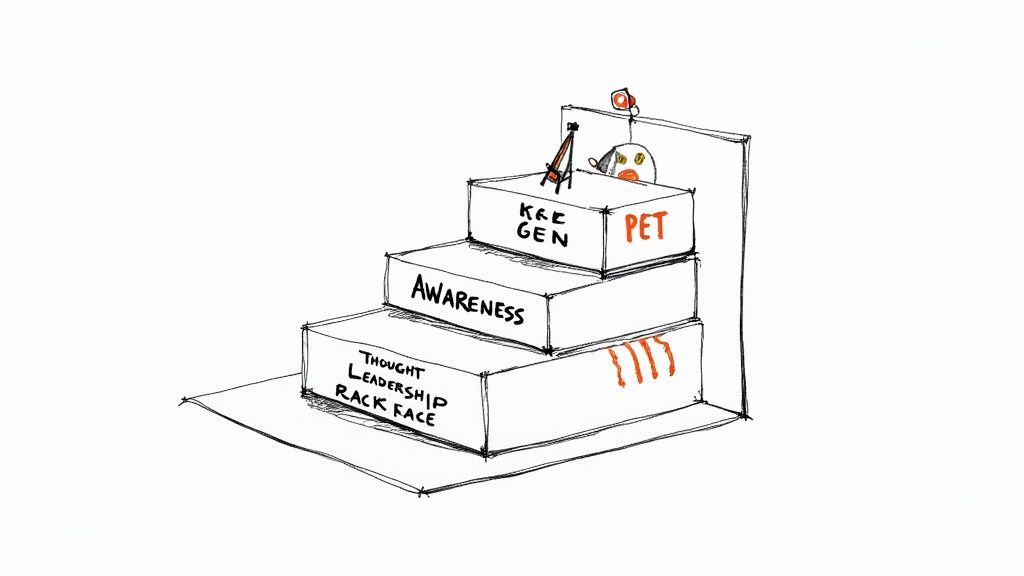 A hand-drawn illustration depicting a three-step progression with boxes labeled Thought Leadership, Awareness, K&E Gen, and PET.