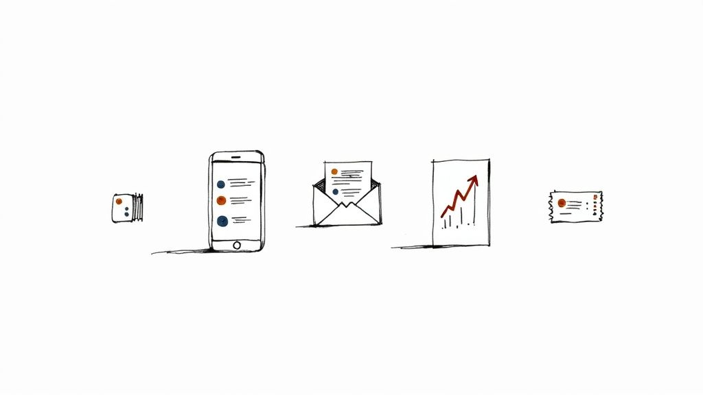 Hand-drawn icons: cards, smartphone, email, growth chart, and ticket, representing business communication and planning.