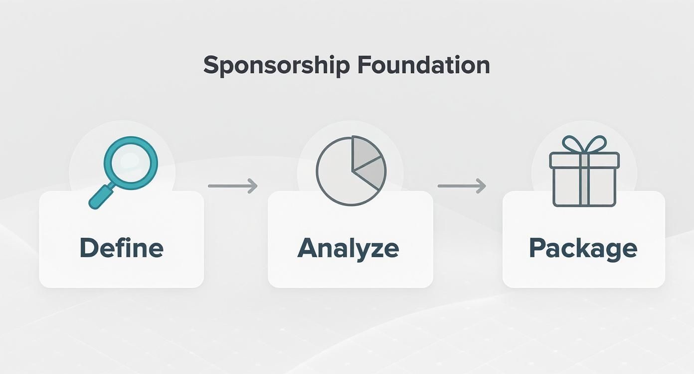 A diagram illustrating the three-step Sponsorship Foundation process: Define, Analyze, Package.