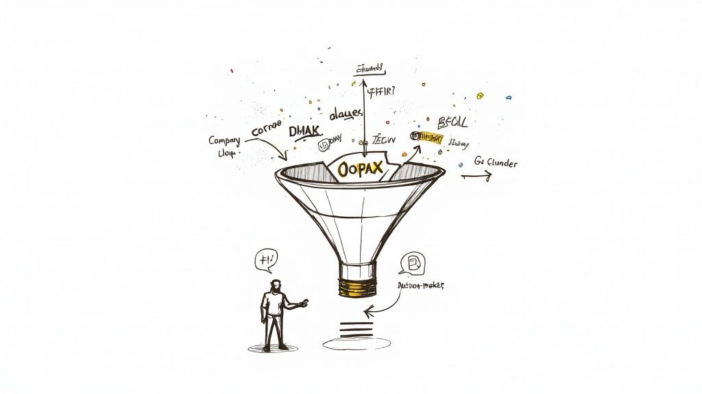 A hand-drawn diagram illustrating a business process, with various inputs flowing into an 'OOPAX' funnel, yielding structured output for an action-maker.