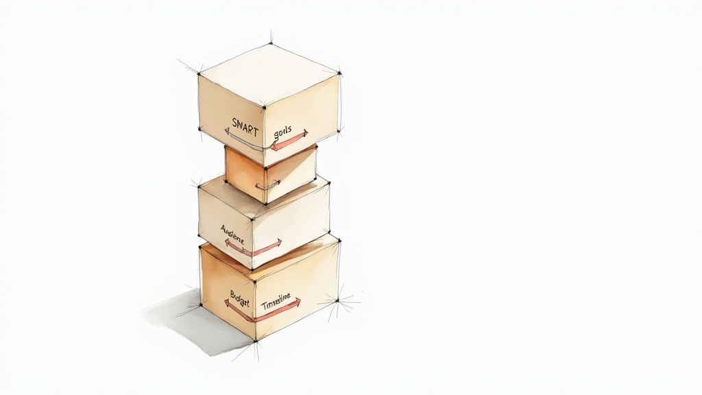 A hand-drawn stack of four boxes, labeled with elements like SMART goals, audience, budget, and timeline.