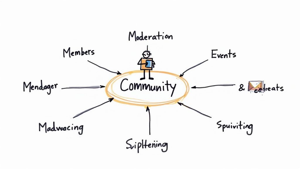 A hand-drawn mind map illustrating key elements of a community, including members, moderation, events, and retreats.