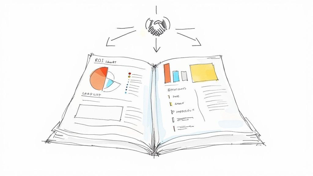 Sketch of an open business report showing charts, lead lists, and execution steps, linked to a handshake.
