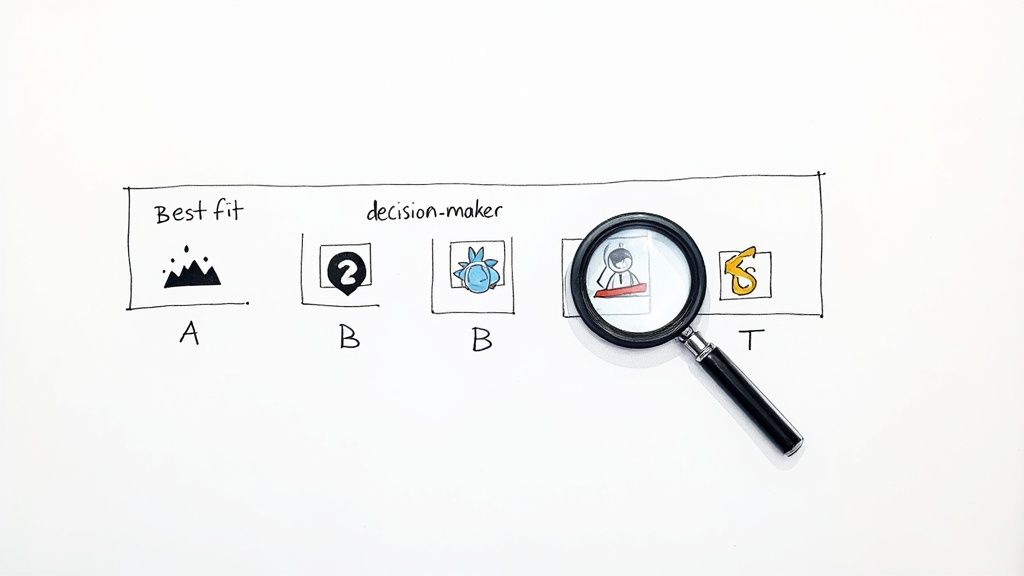 A hand-drawn diagram illustrating a decision-making process with various icons and a magnifying glass focusing on one choice.