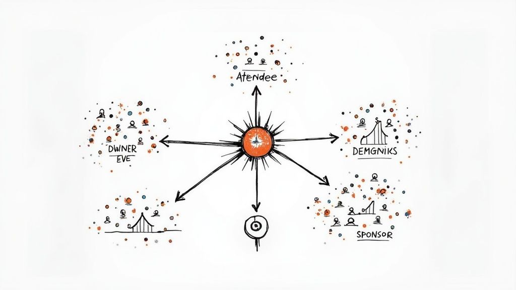 Diagram illustrating key stakeholders like attendees, owners, and sponsors around a central event concept.