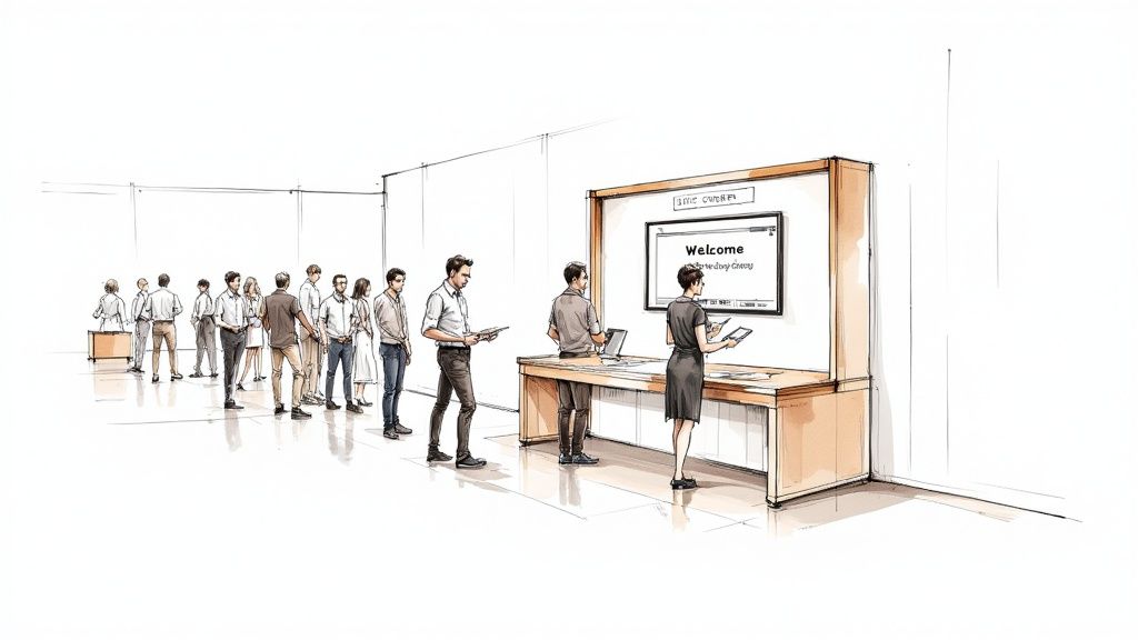 People queuing for event check-in at a modern reception desk with a welcome screen.