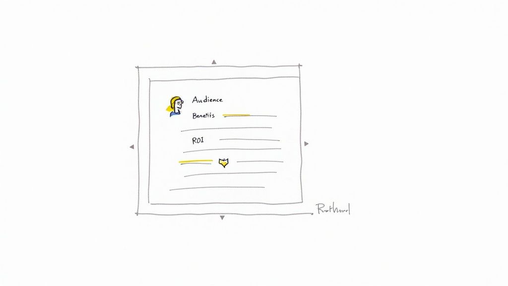 A hand-drawn whiteboard sketch outlining Audience, Benefits, and ROI for a project proposal.