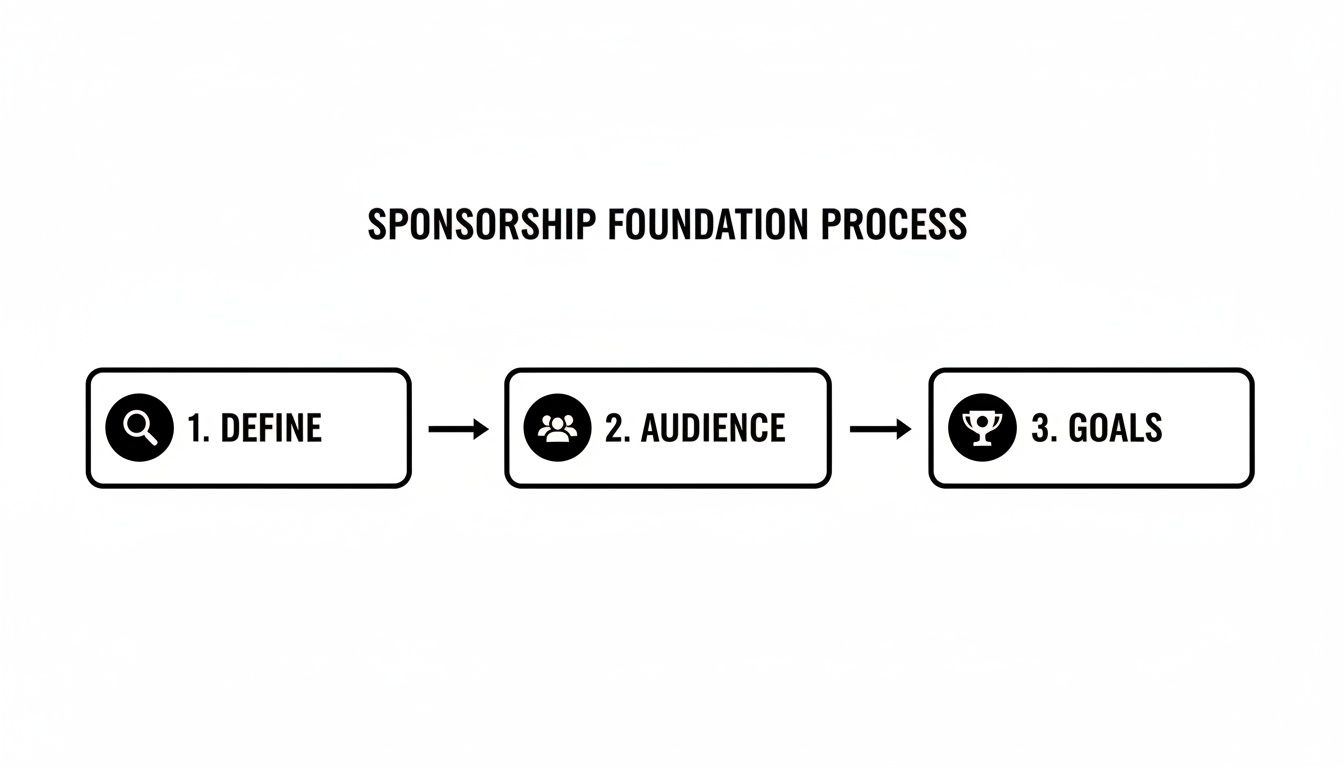 Flowchart illustrating the Sponsorship Foundation Process with three sequential steps: Define, Audience, and Goals.