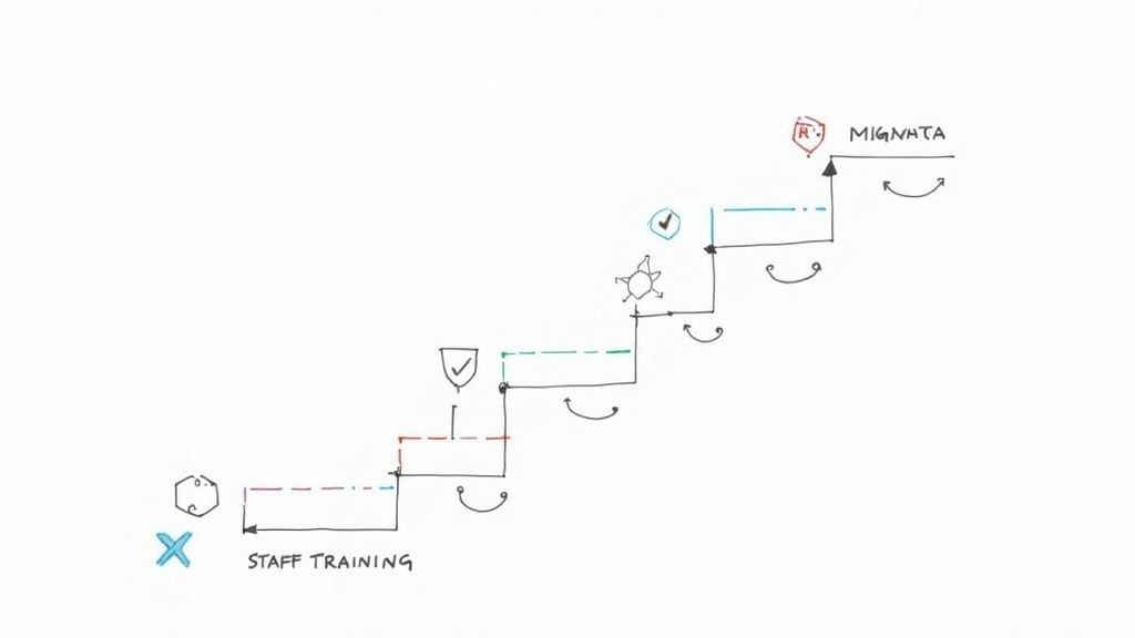 A hand-drawn stepped diagram illustrating a multi-stage project or training progression with various milestones and feedback loops.