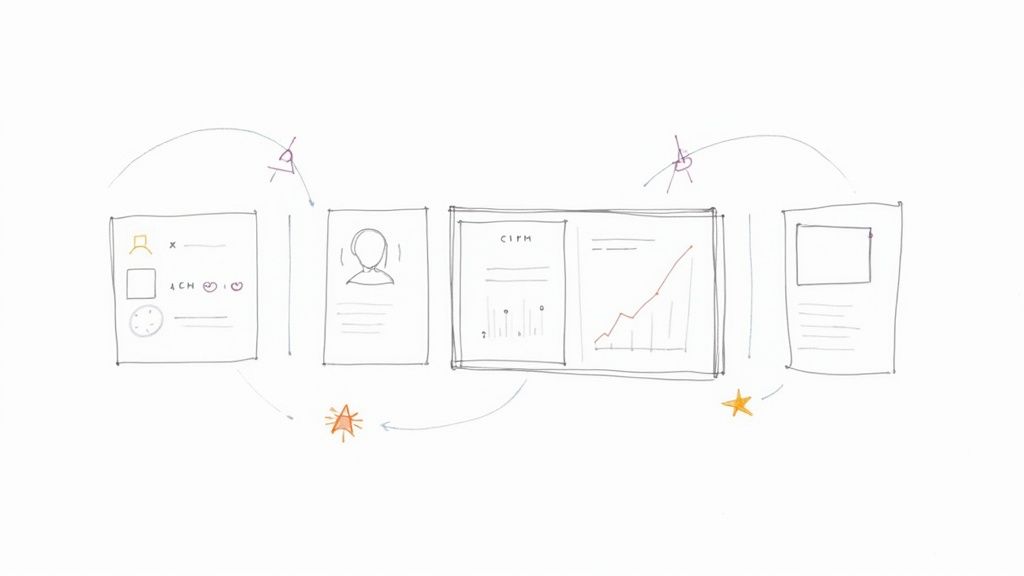 A hand-drawn sketch illustrating a process flow for membership management, showing user profiles, data charts, and document interactions.
